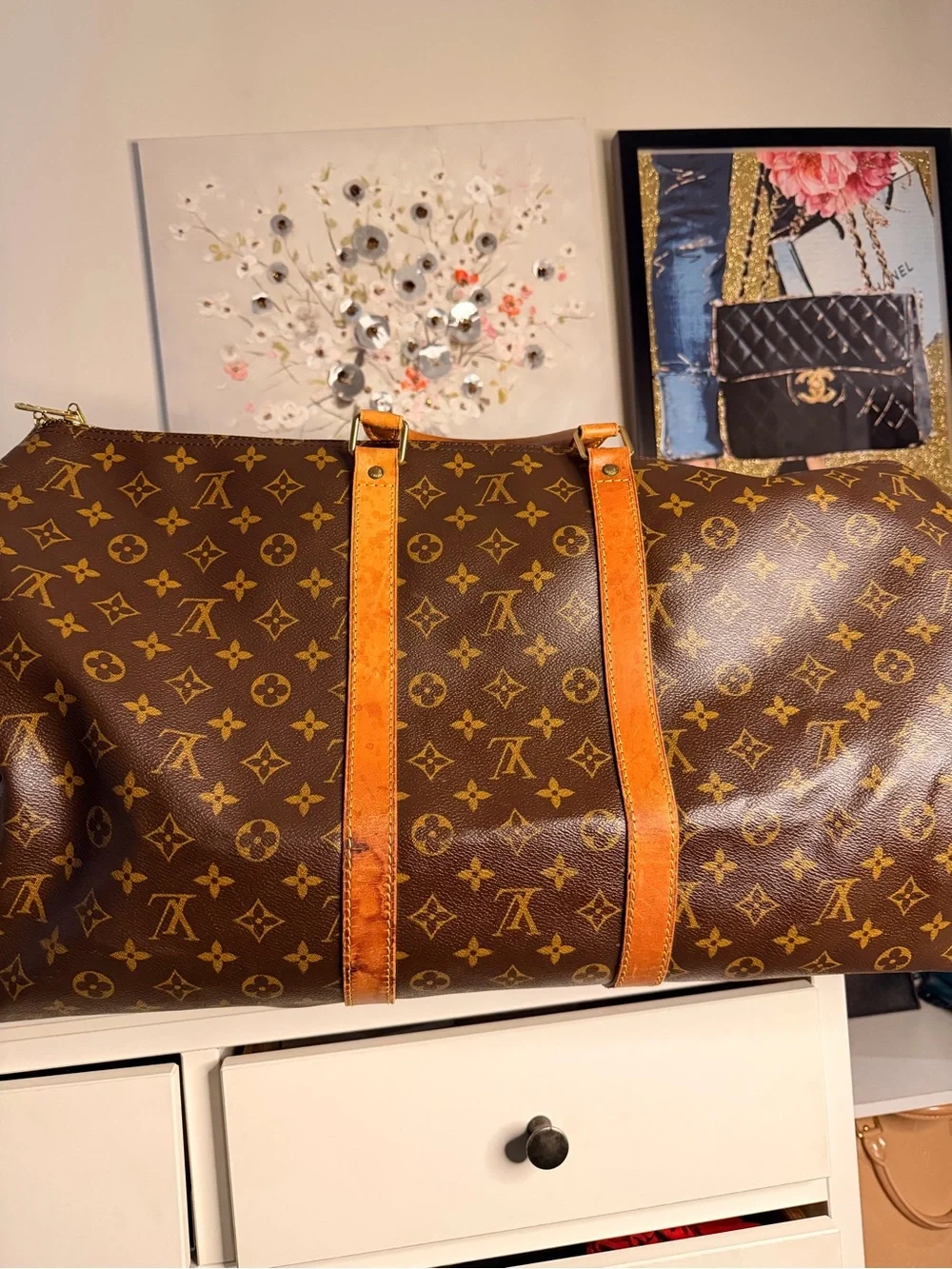 Louis Vuitton Brown Monogram Travel Duffle with Tan Leather Trim